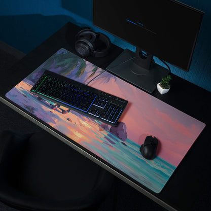 Vibrant retro beach sunset gaming mouse pad with palm trees and ocean waves
