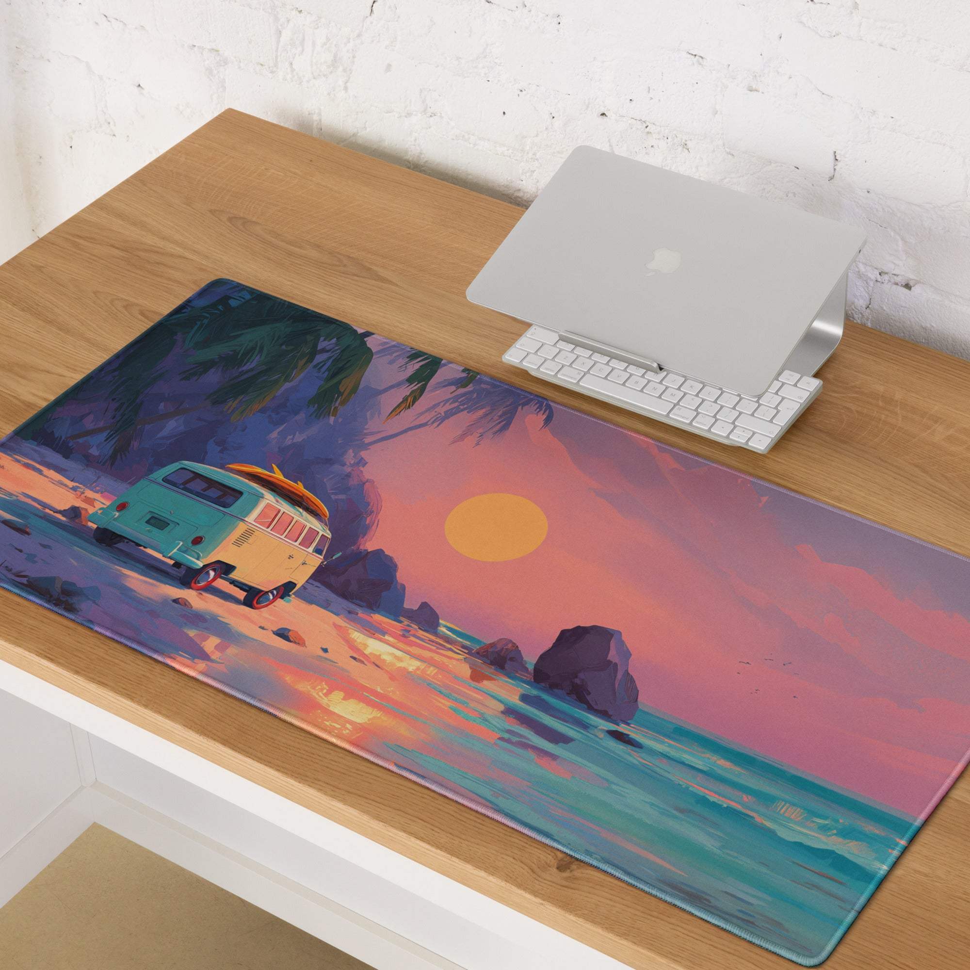 Vibrant retro beach sunset van mousepad with surfboard teal waves pink sky