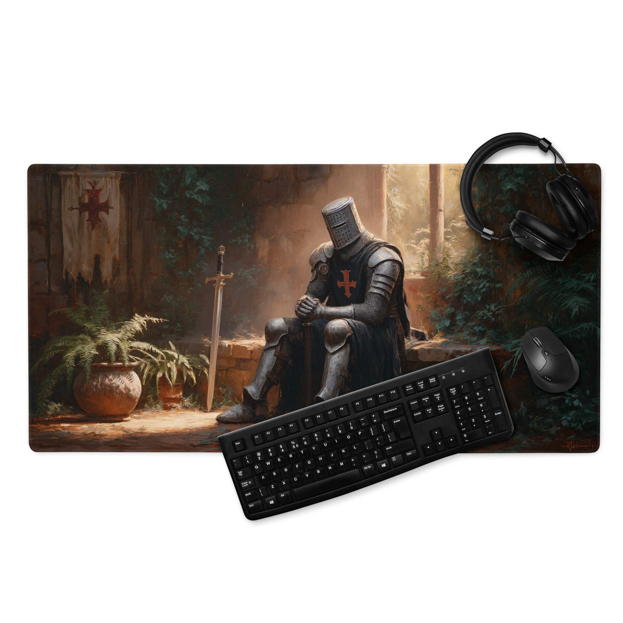 Black keyboard on Dark Knight In Forest Ruins gaming mouse pad