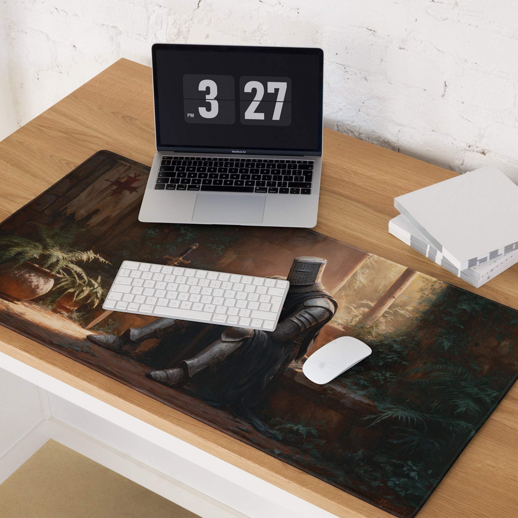 Dark Knight in Forest Ruins fantasy gaming mouse pad on wooden desk