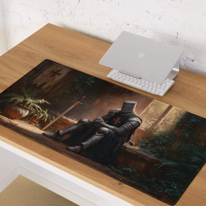 Dark knight in forest ruins gaming mouse pad with metallic armor red cross
