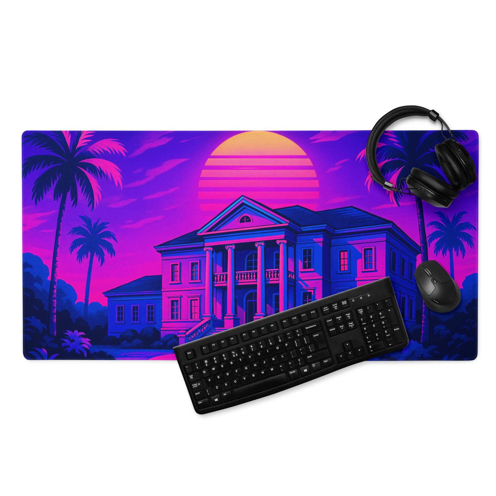Vaporwave neon sunset mansion gaming mouse pad with palm trees