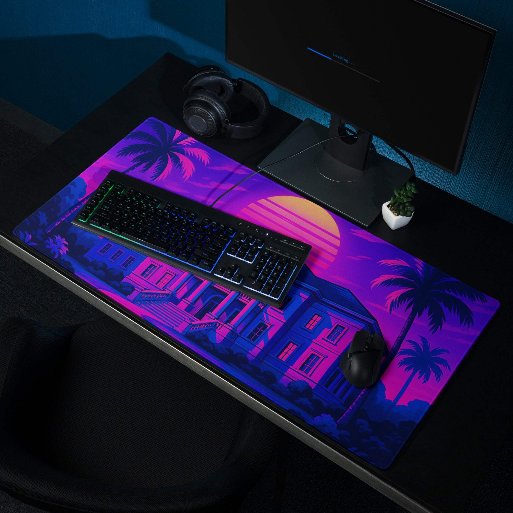 Vaporwave neon sunset mansion gaming mouse pad with palm trees