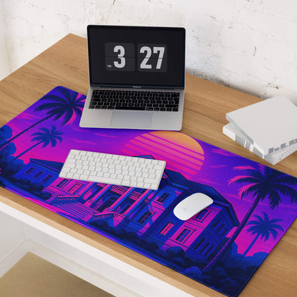 Vaporwave neon sunset mansion gaming mouse pad with palm trees
