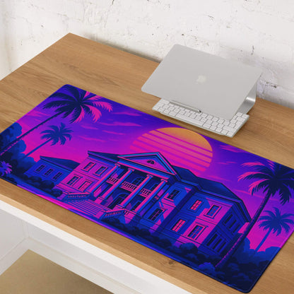 Vaporwave neon sunset mansion gaming mouse pad with palm trees