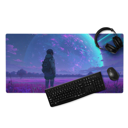 Purple blue cosmic anime gaming mousepad with figure under glowing planet