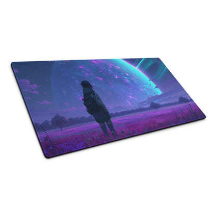 Purple teal cosmic gaming mousepad with silhouette under glowing planet