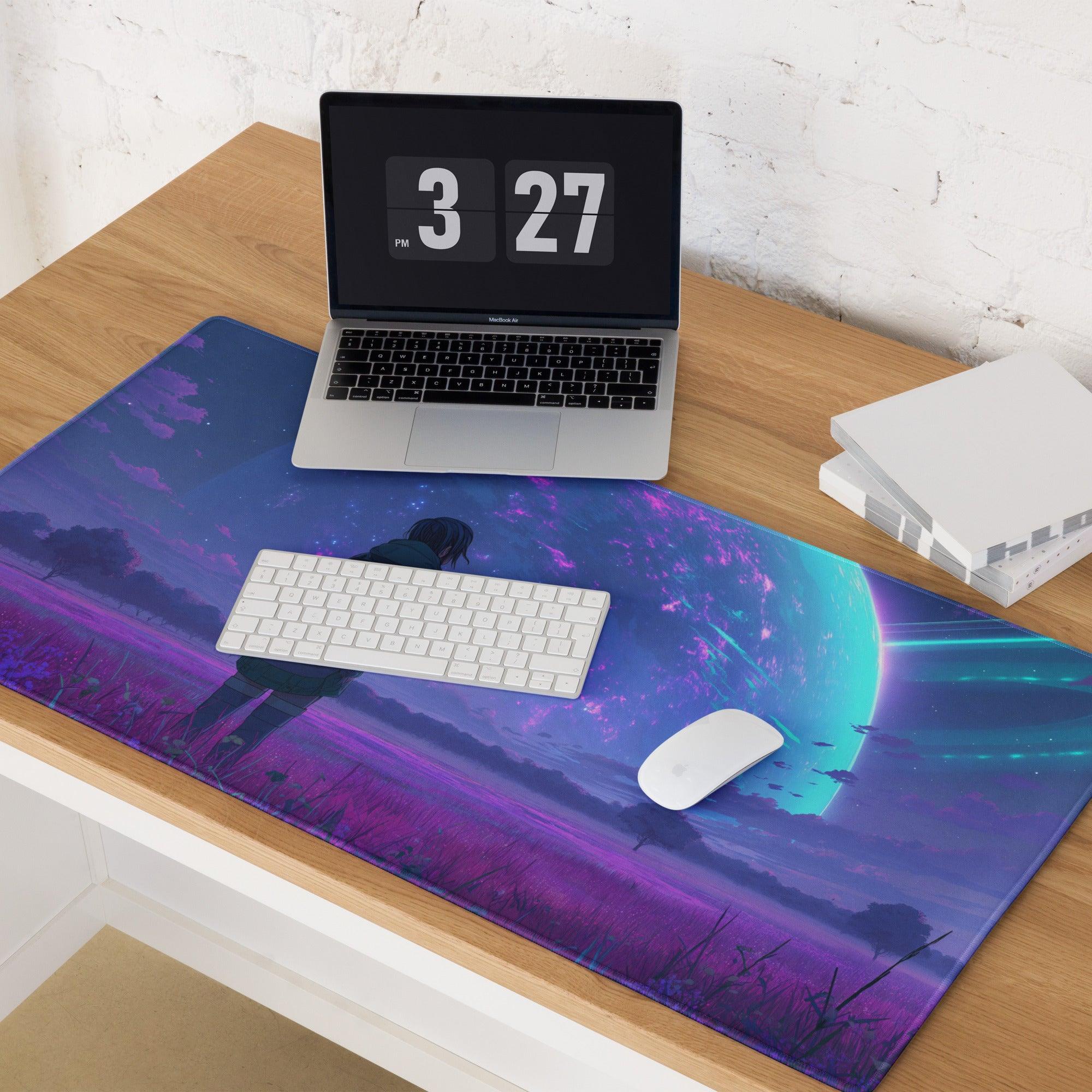 Vibrant purple teal cosmic anime gaming mousepad with silhouette under glowing planet