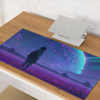 Purple teal cosmic anime gaming mousepad with starry sky figure
