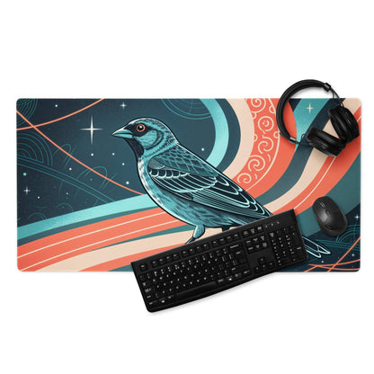 Teal bird with red eyes on cosmic swirls gaming mouse pad