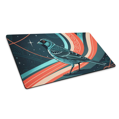 Teal bird on cosmic stripes gaming mouse pad, artistic night sky design