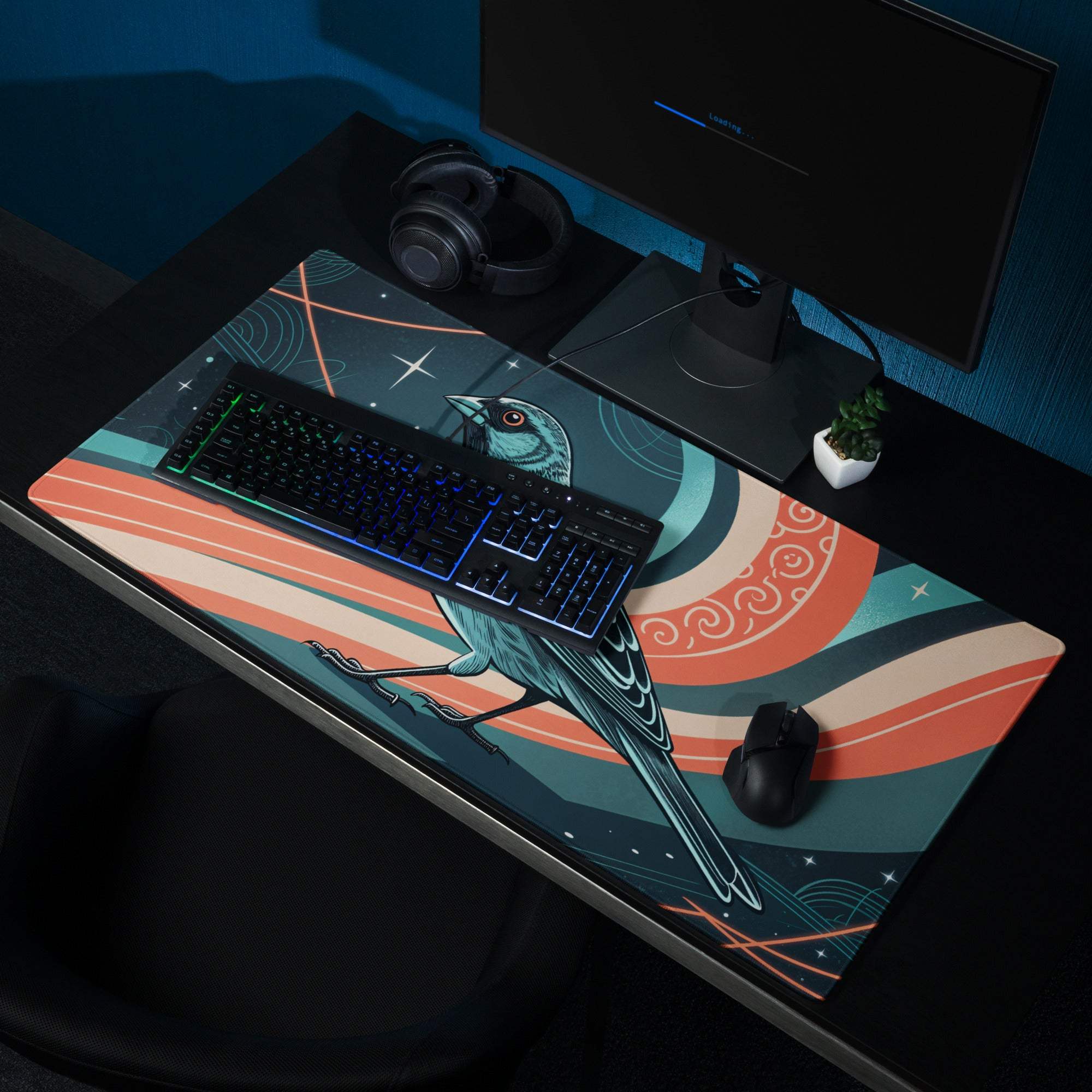 Vibrant teal bird on cosmic swirls gaming mouse pad, coral night sky theme
