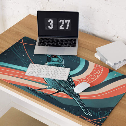 Vibrant teal bird on orange stripes, cosmic blue gaming mouse pad