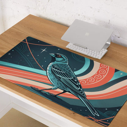 Teal coral striped gaming mouse pad with cosmic bird illustration