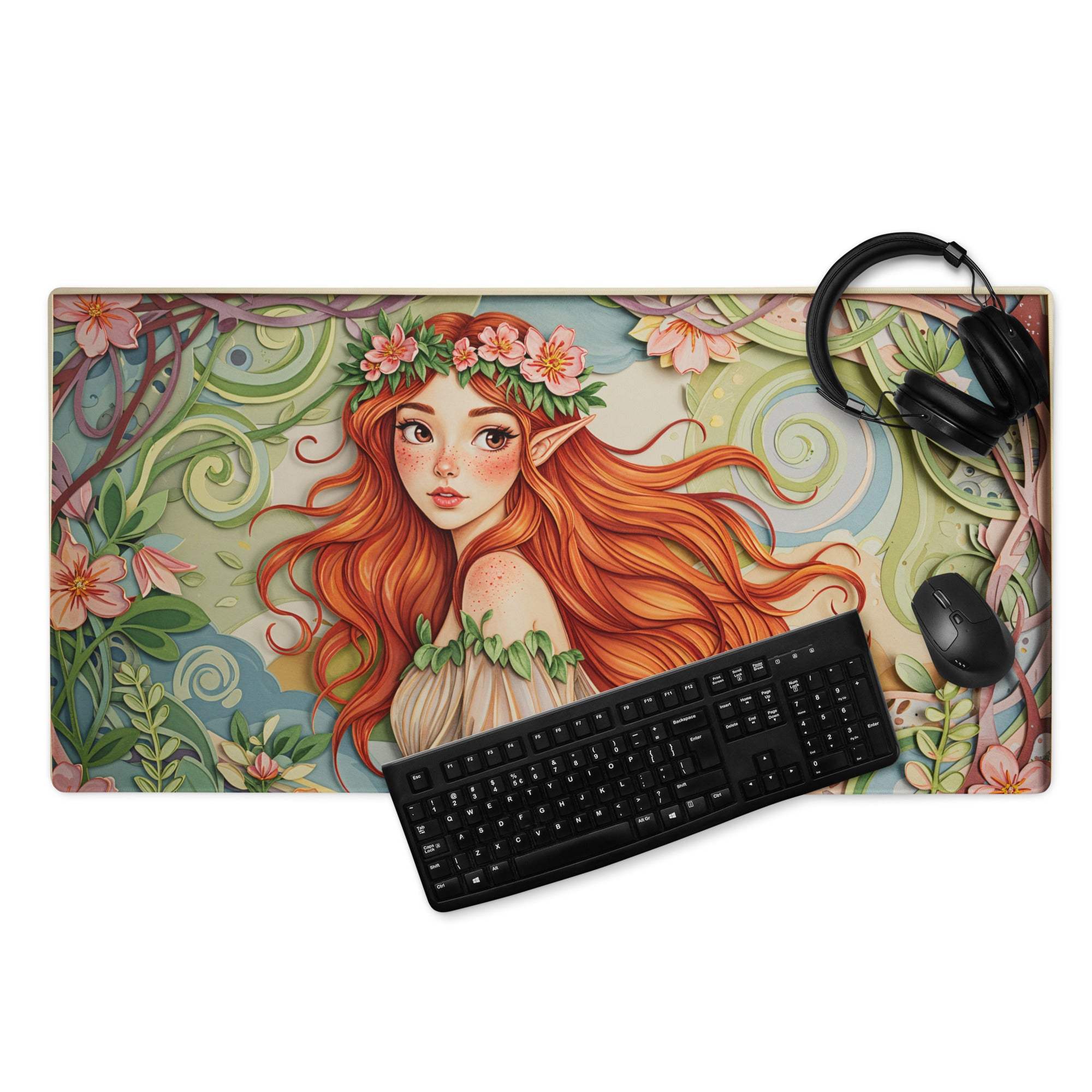 Vibrant forest fairy elf gaming mouse pad with orange hair and floral crown
