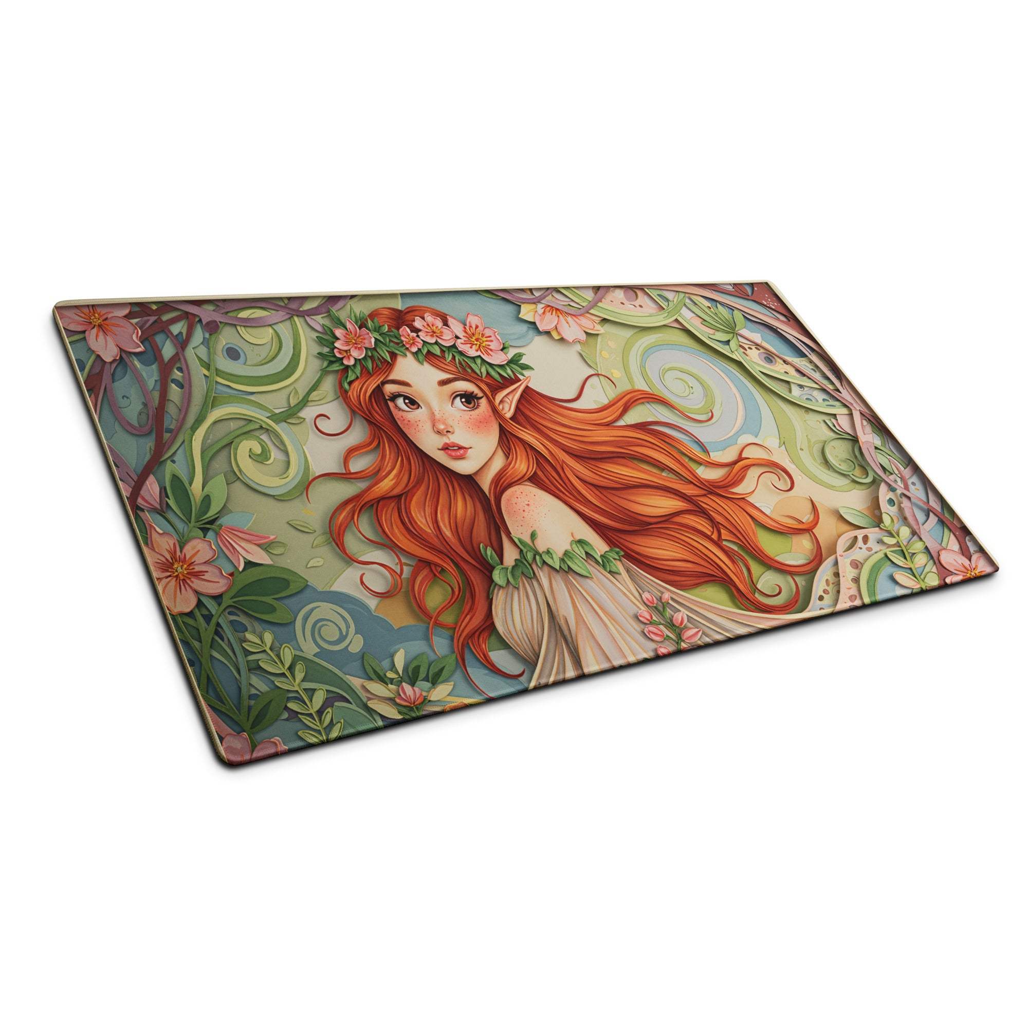 Vibrant forest fairy elf mouse pad with red-haired elf in floral crown on vines