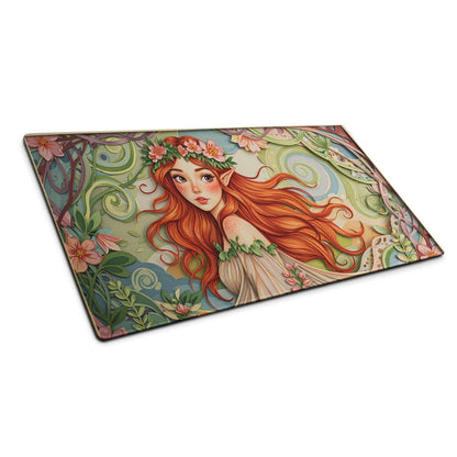 Vibrant forest fairy elf mouse pad with red-haired elf in floral crown on vines