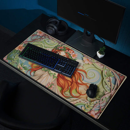 Vibrant forest fairy gaming mouse pad with orange-haired woman and floral vines