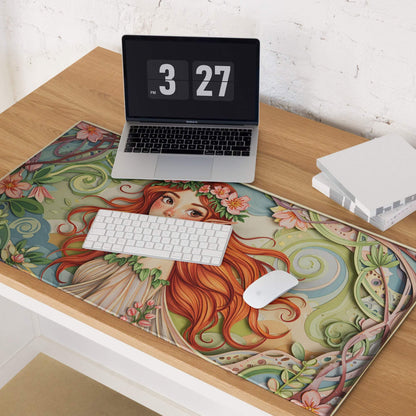 Vibrant forest fairy gaming mouse pad with red-haired woman in flowers and vines