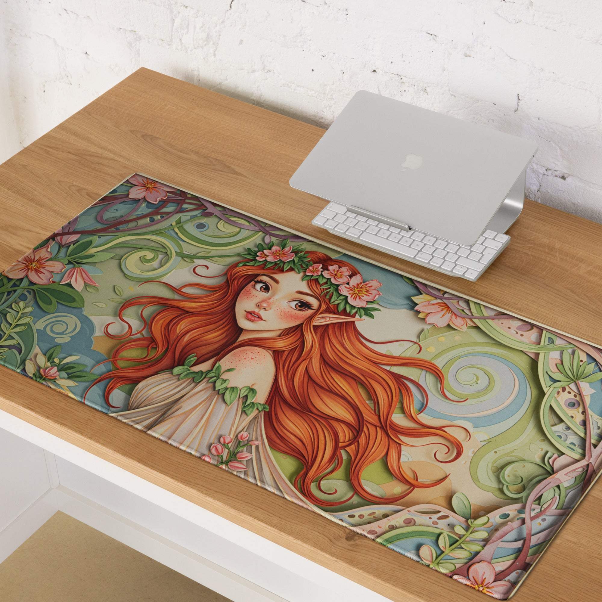 Vibrant forest fairy elf mouse pad with red hair, floral crown, non-slip base