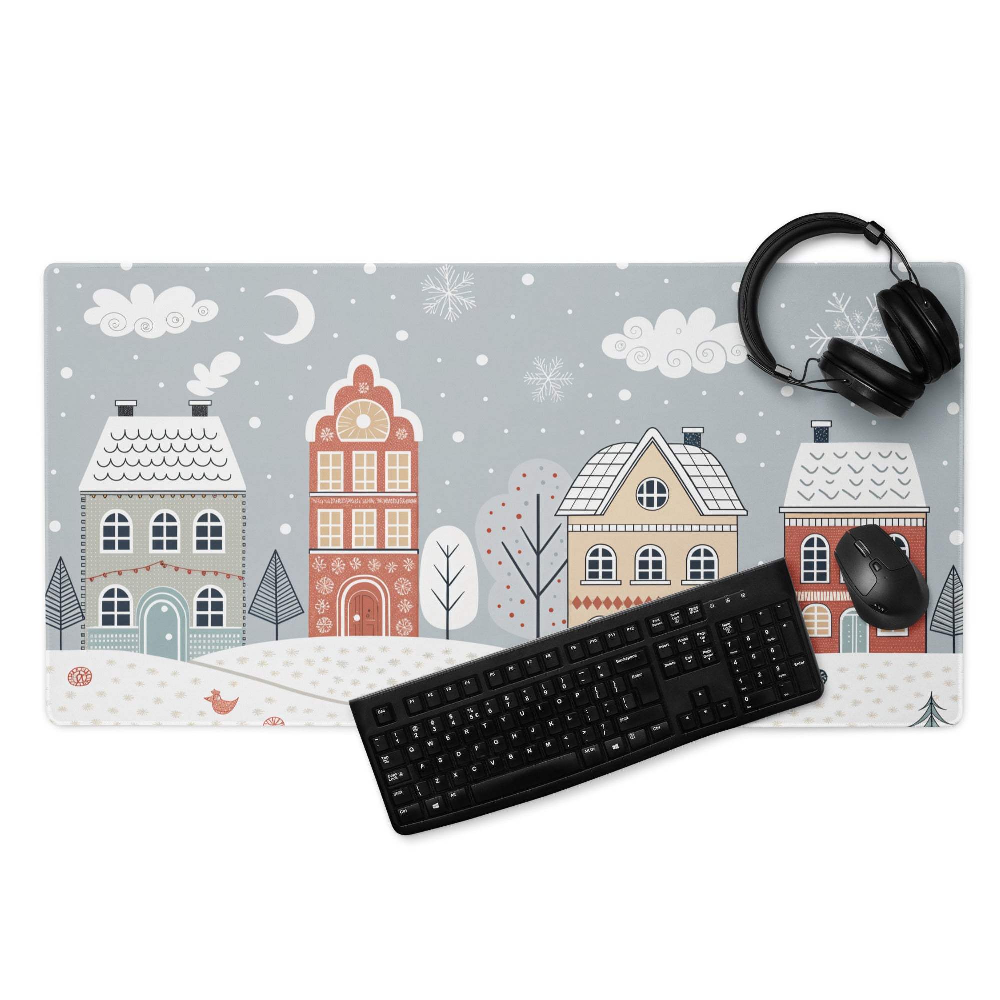 Winter Village cozy snowy blue gaming mouse pad with village illustration
