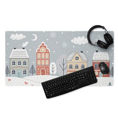 Winter Village cozy snowy blue gaming mouse pad with village illustration