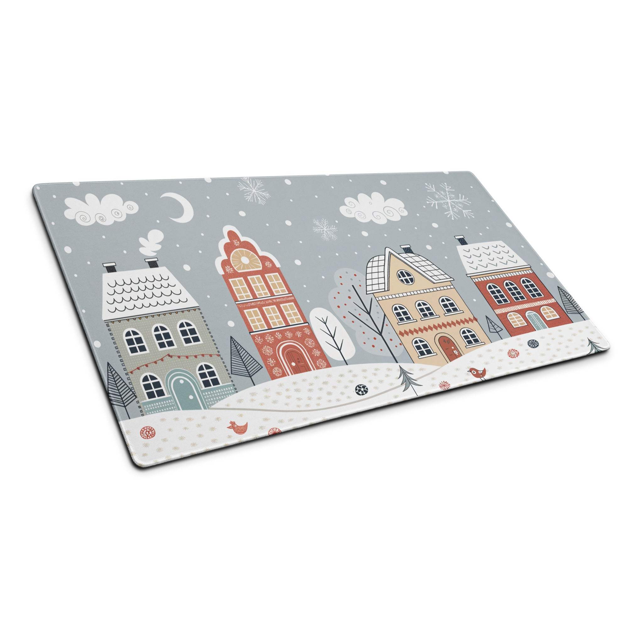 Winter Village cozy snowy blue glass cutting board with snowy houses