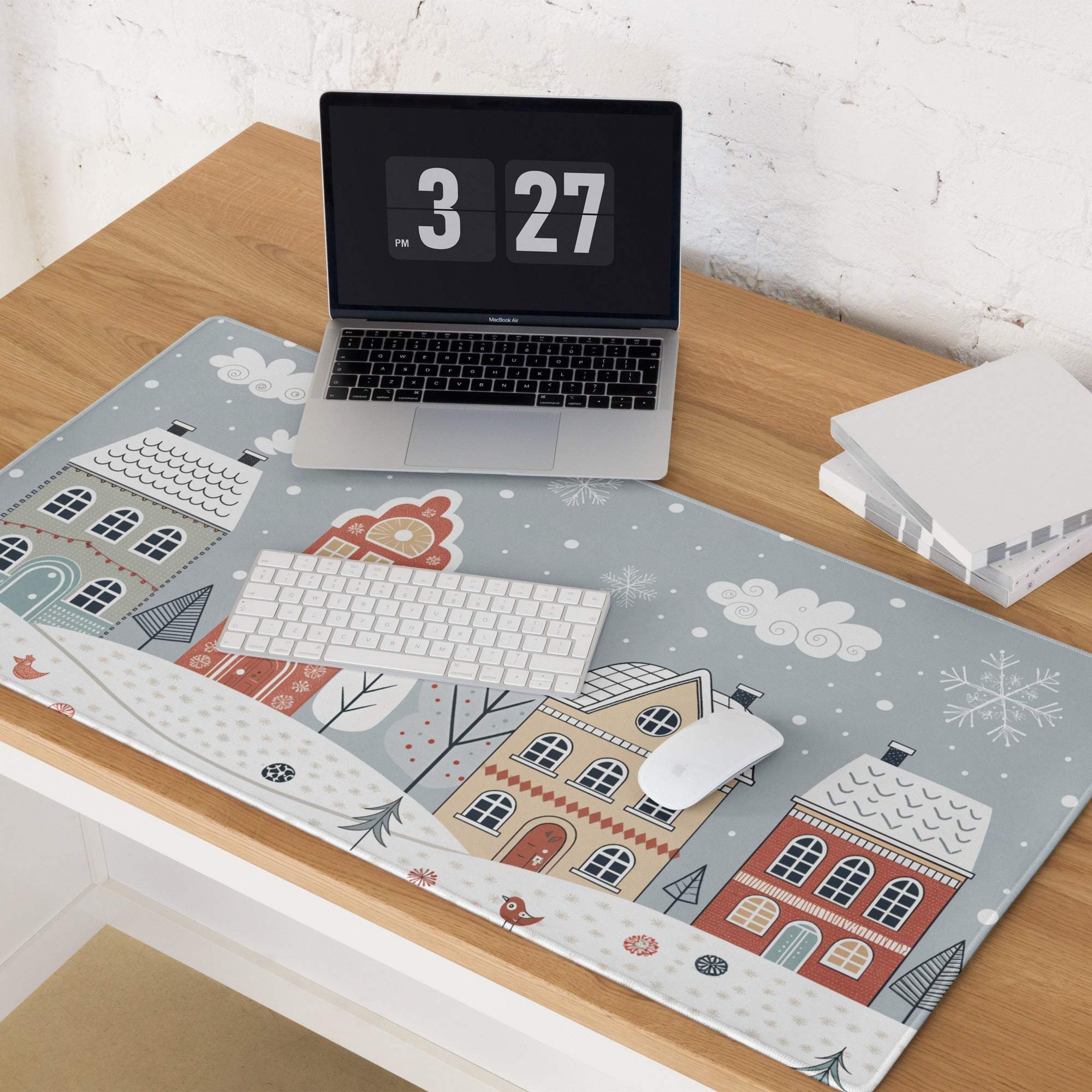 Gray winter village mousepad with snowy blue houses, snowflakes, birds, non-slip base