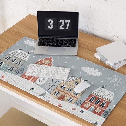 Gray winter village mousepad with snowy blue houses, snowflakes, birds, non-slip base