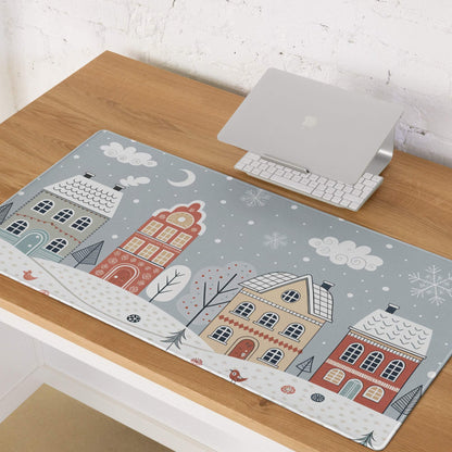 Winter Village cozy snowy blue gaming mouse pad with village illustration
