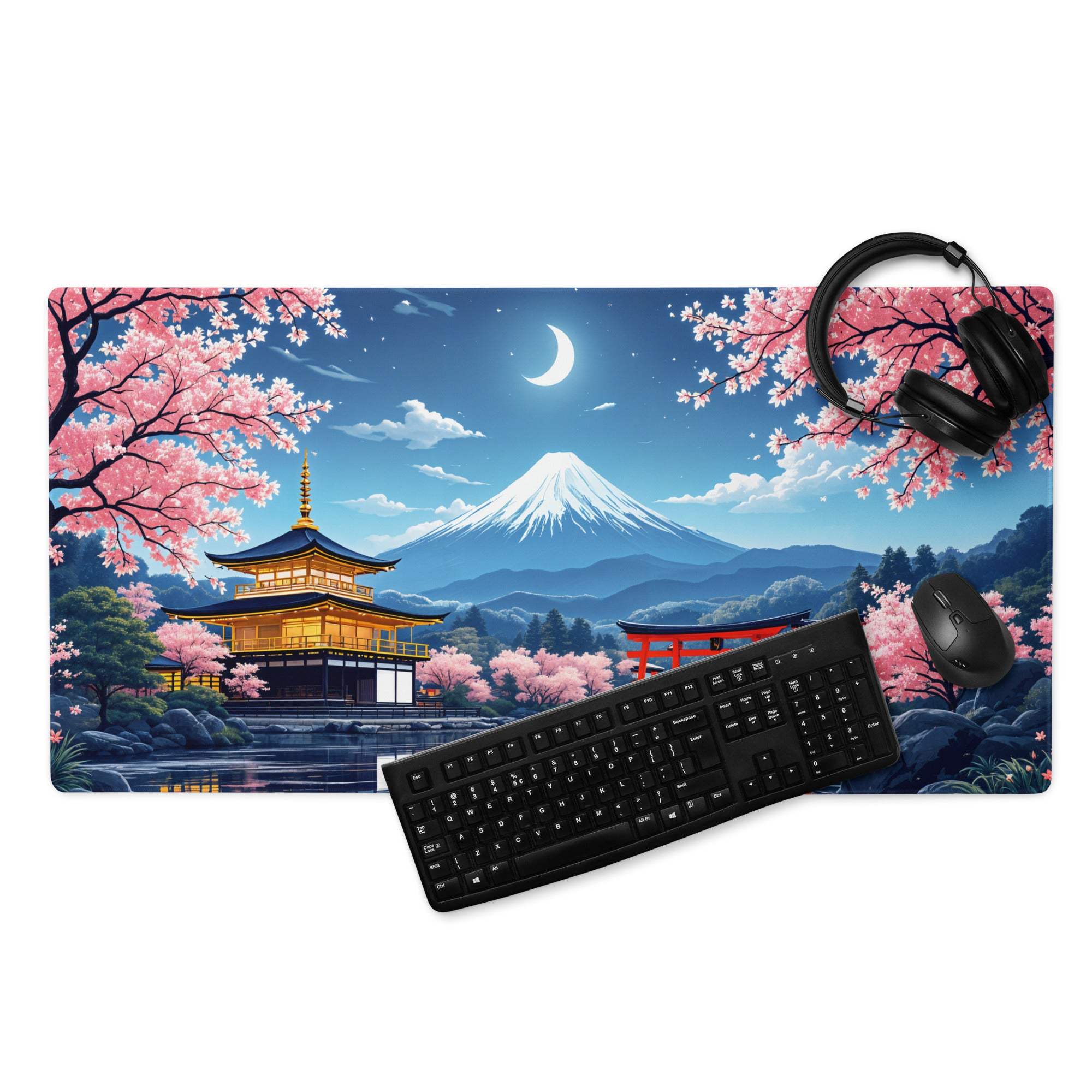 Anime Sakura Night mousepad with vibrant pink cherry blossoms, Mount Fuji, pagoda