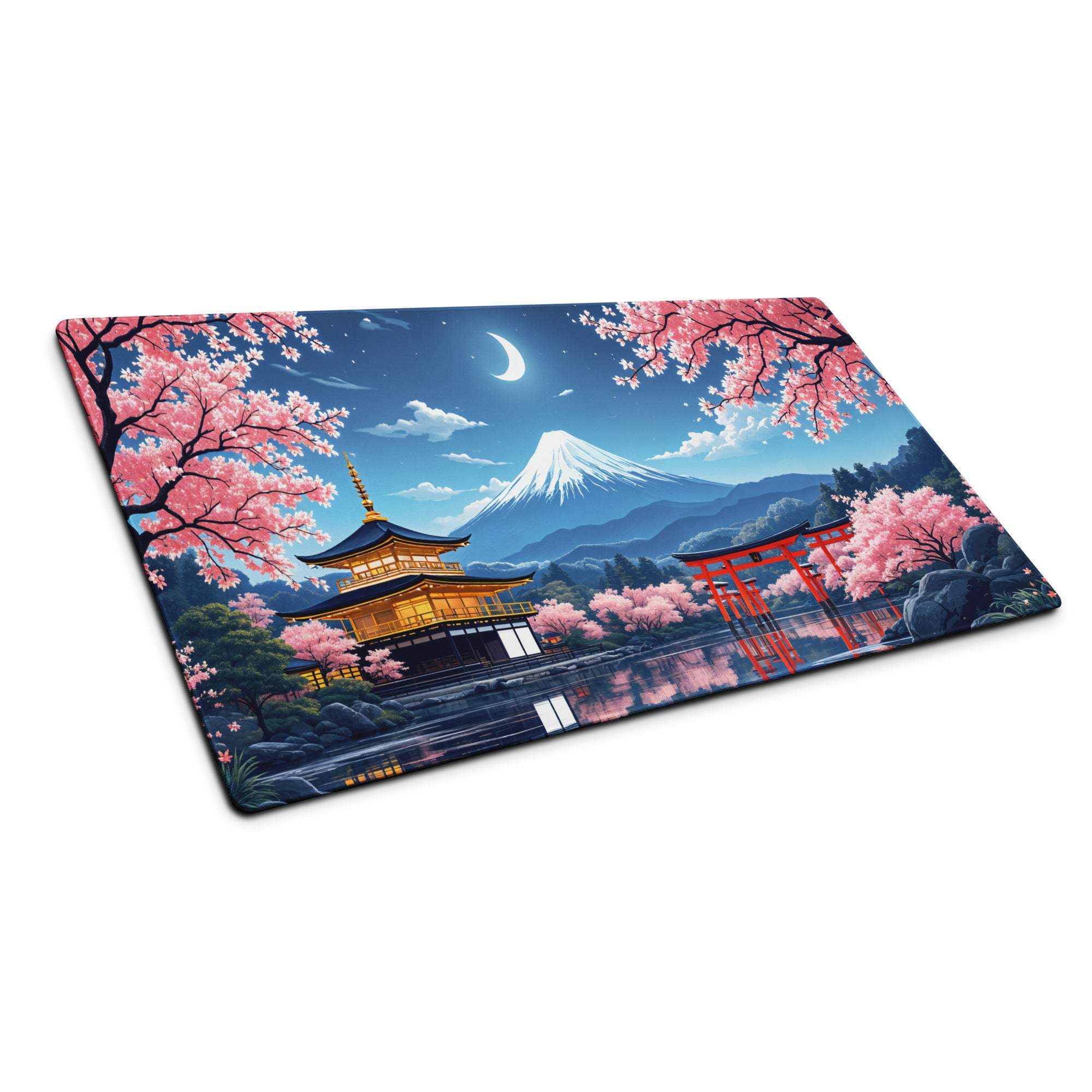 Anime Sakura Night mouse pad with Mount Fuji, pink cherry blossoms, pagoda