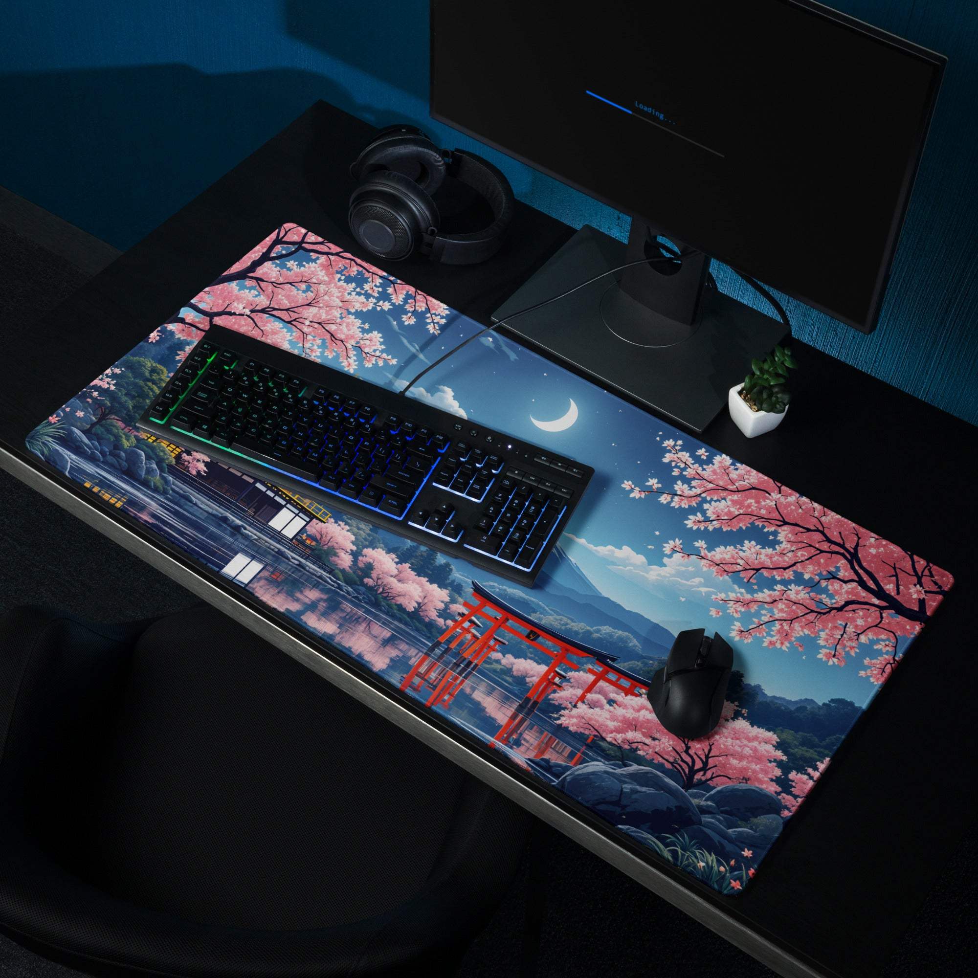 Anime Sakura Night mouse pad with pink cherry blossoms, Mount Fuji, pagoda