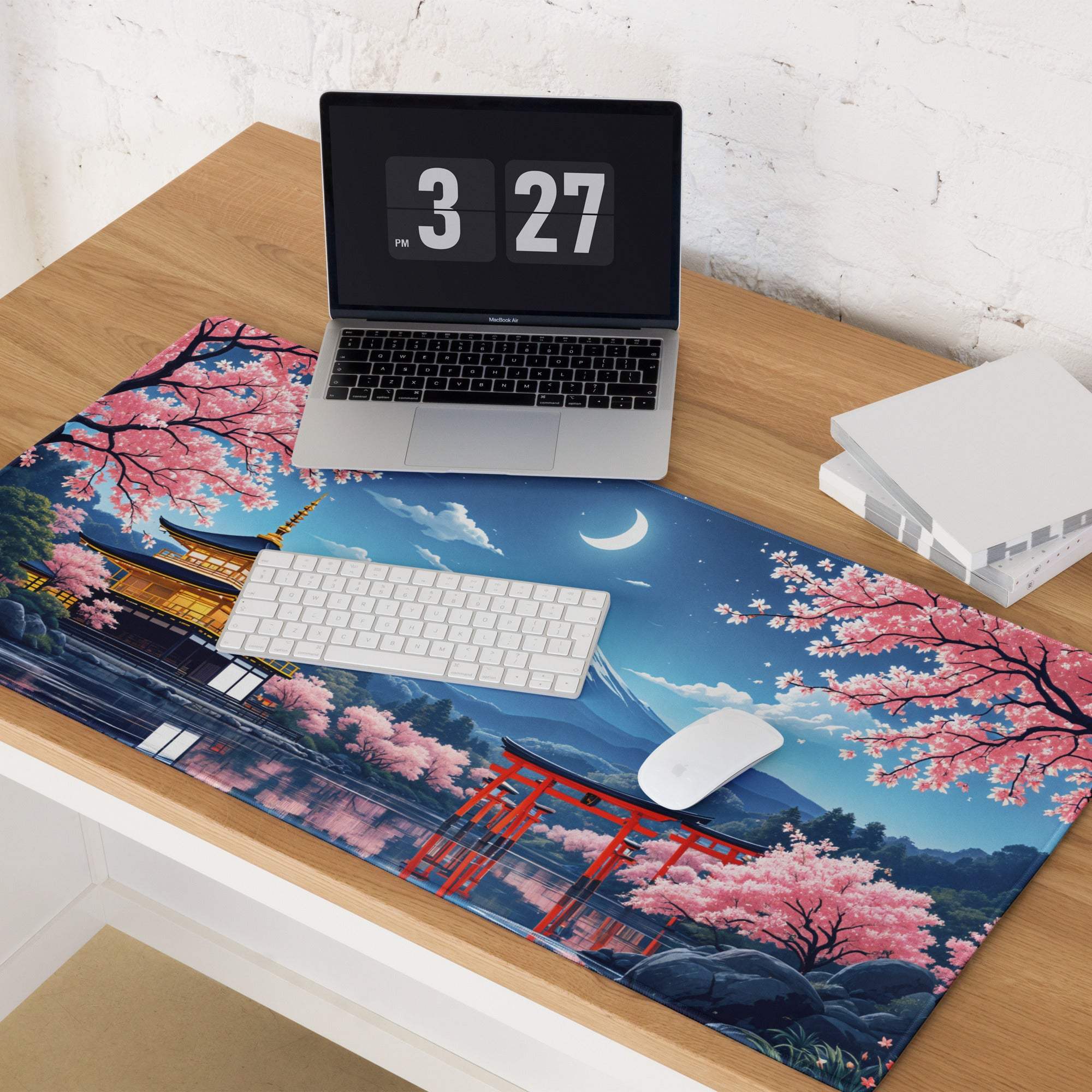 Anime Sakura Night mouse pad with pink blossoms, Mount Fuji, pagoda