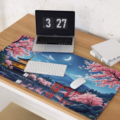 Anime Sakura Night mouse pad with pink blossoms, Mount Fuji, pagoda