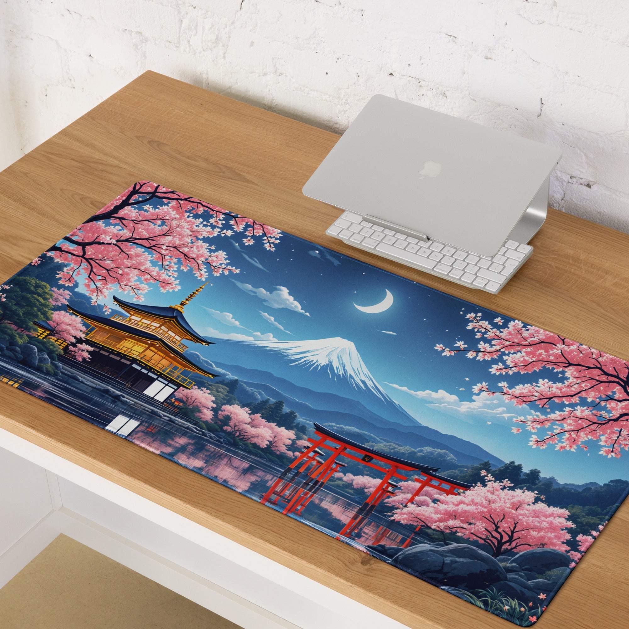 Anime Sakura Night mousepad with Mount Fuji, pink cherry blossoms, torii gates
