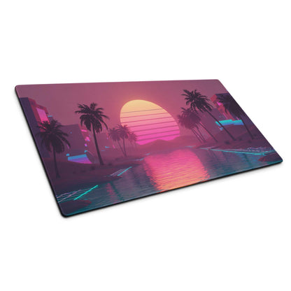 Neon vaporwave sunset palms large gaming mouse pad with rubber base