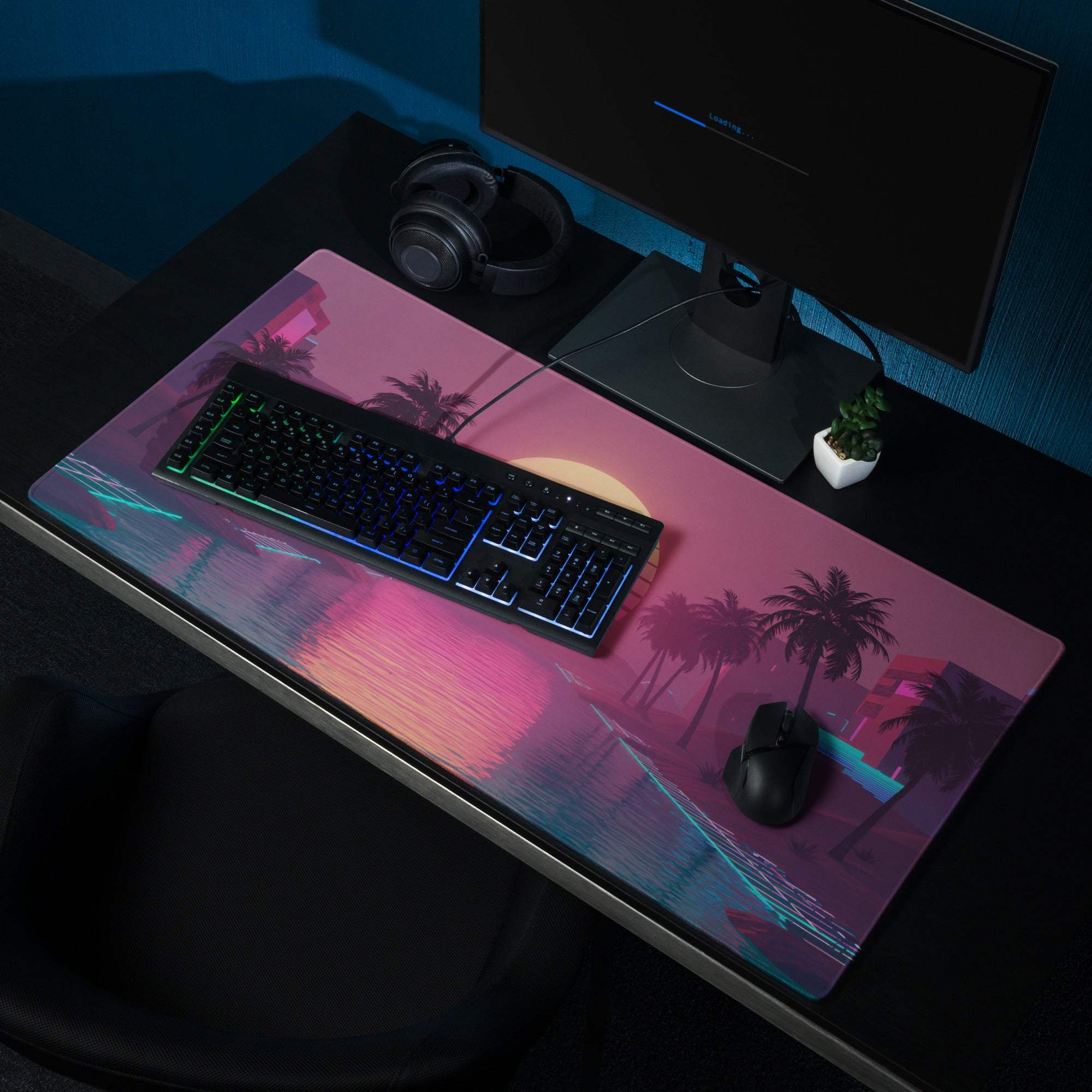 Neon vaporwave sunset palms large gaming mouse pad with pink purple neon glow