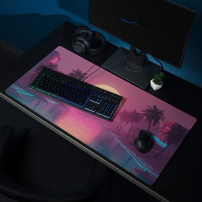 Neon vaporwave sunset palms large gaming mouse pad with pink purple neon glow