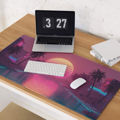 Neon vaporwave sunset palms large gaming mouse pad with pink purple teal glow