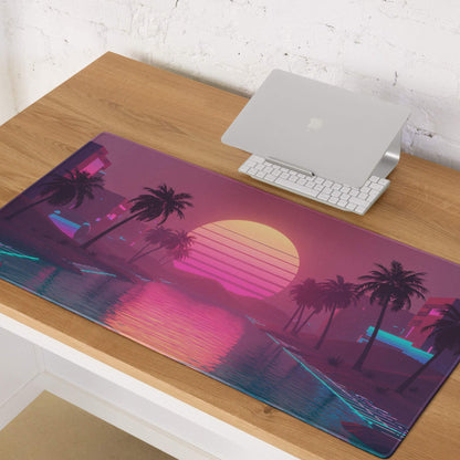 Neon vaporwave sunset palms large gaming mouse pad with non-slip base