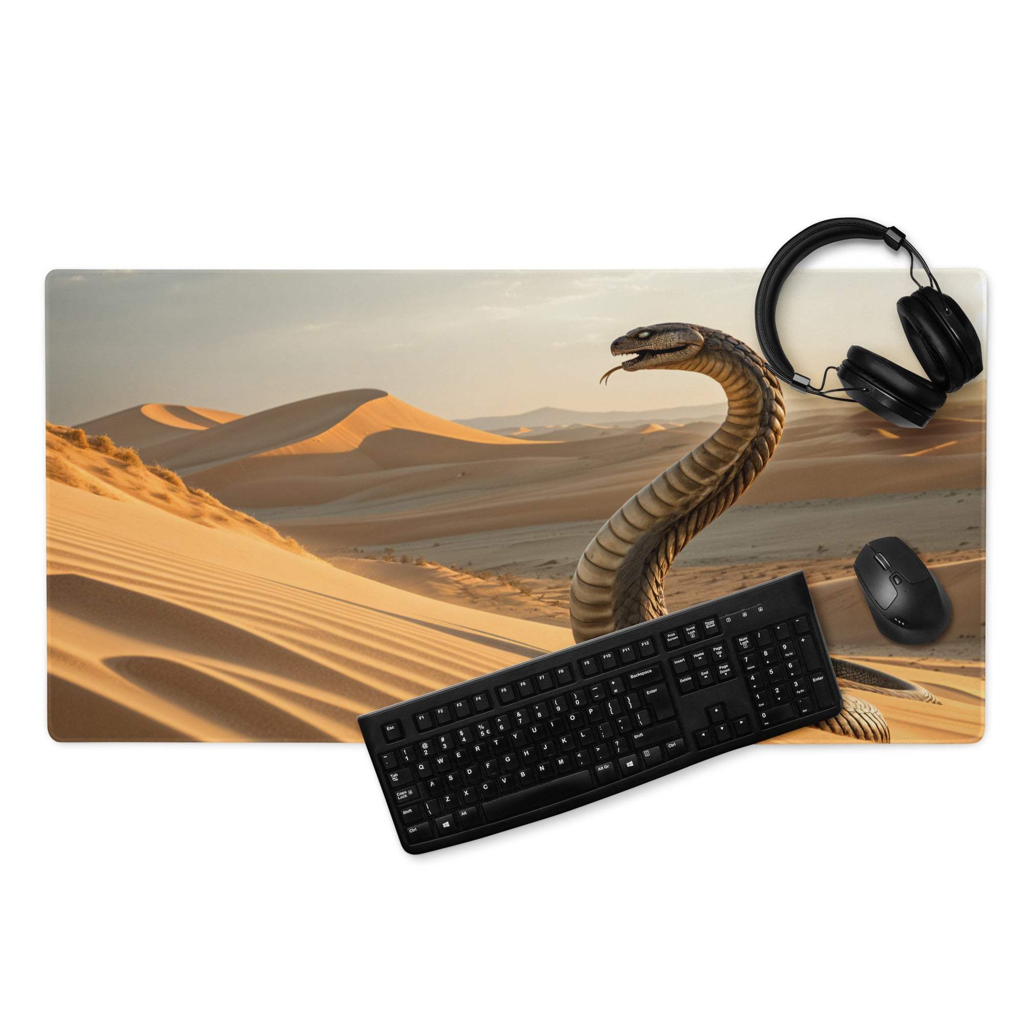 Epic Desert Cobra large gaming mousepad with coiled cobra on sand dunes