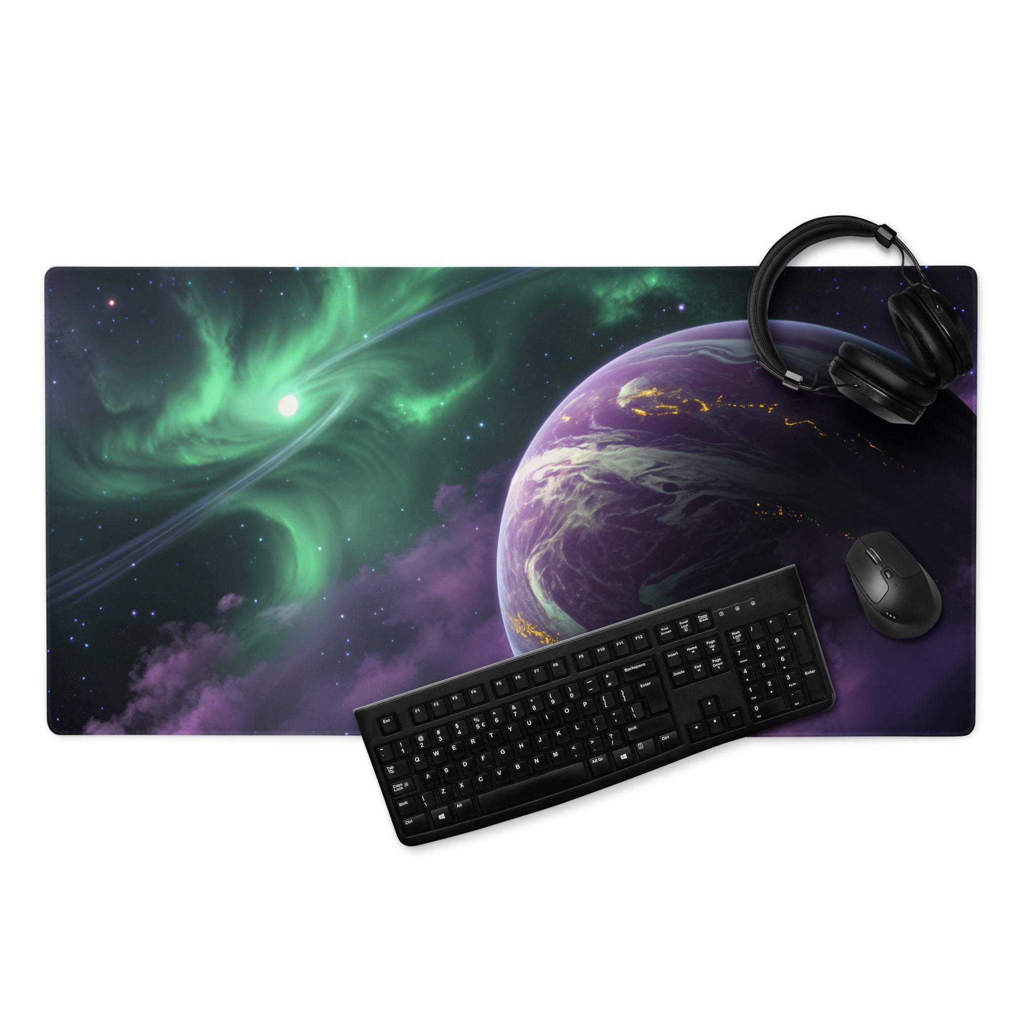 Large cosmic space planet gaming mouse pad with auroras, headphones