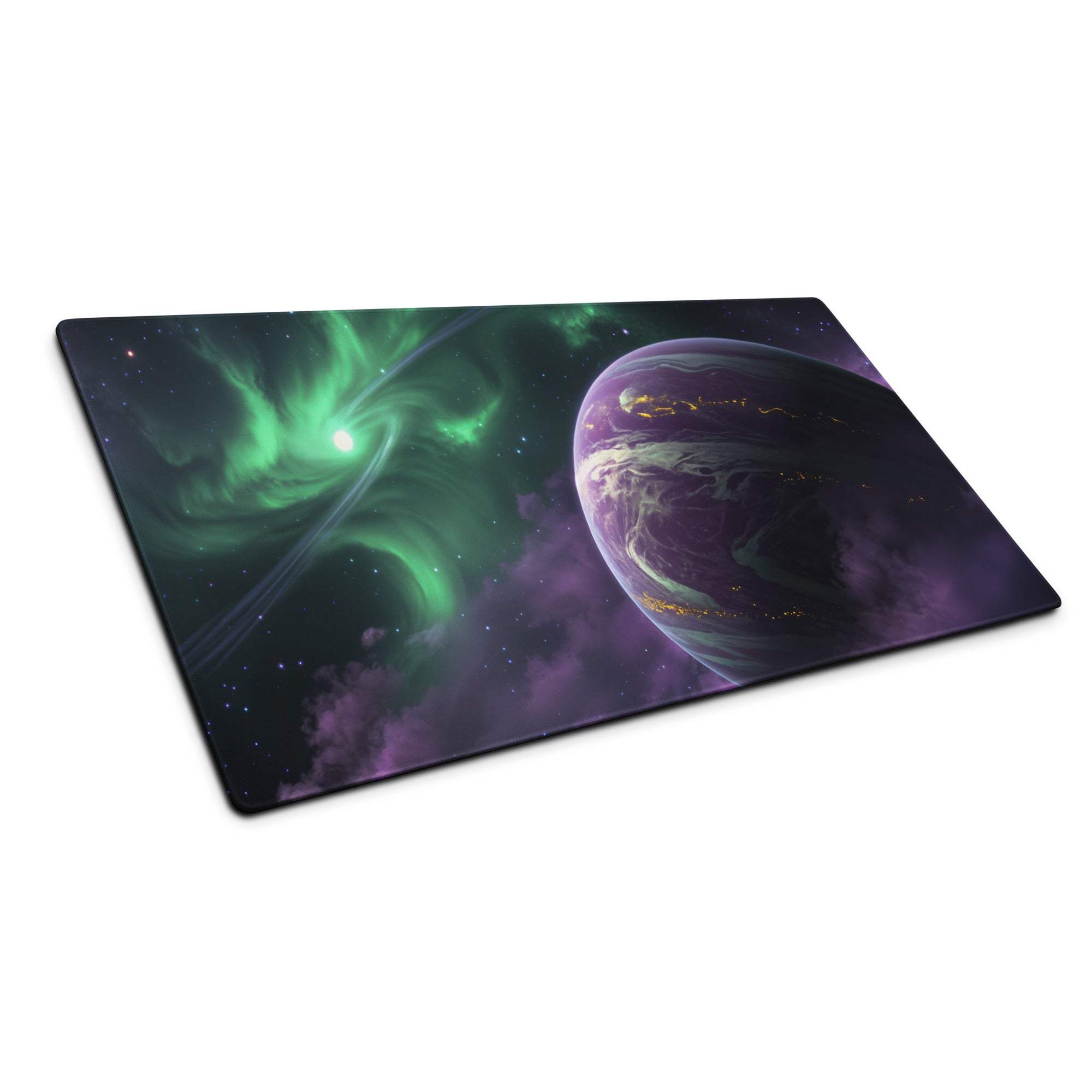 Large cosmic gaming mouse pad with green auroras, purple planet, starry sky, non-slip base