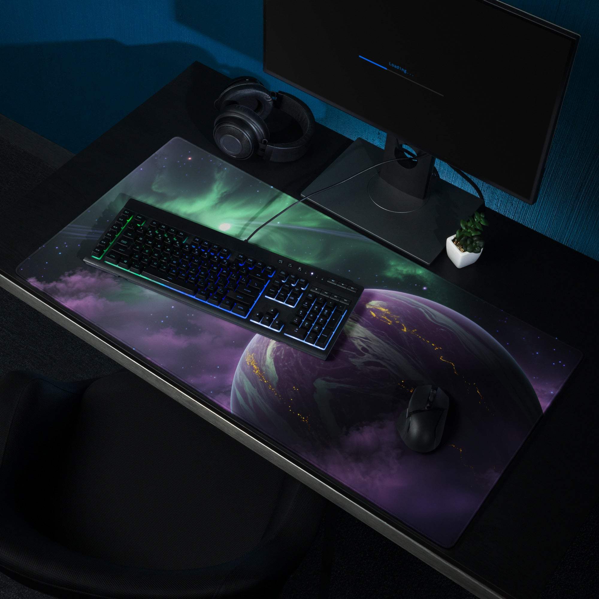 Large cosmic space planet gaming mouse pad with purple green nebula and non-slip base