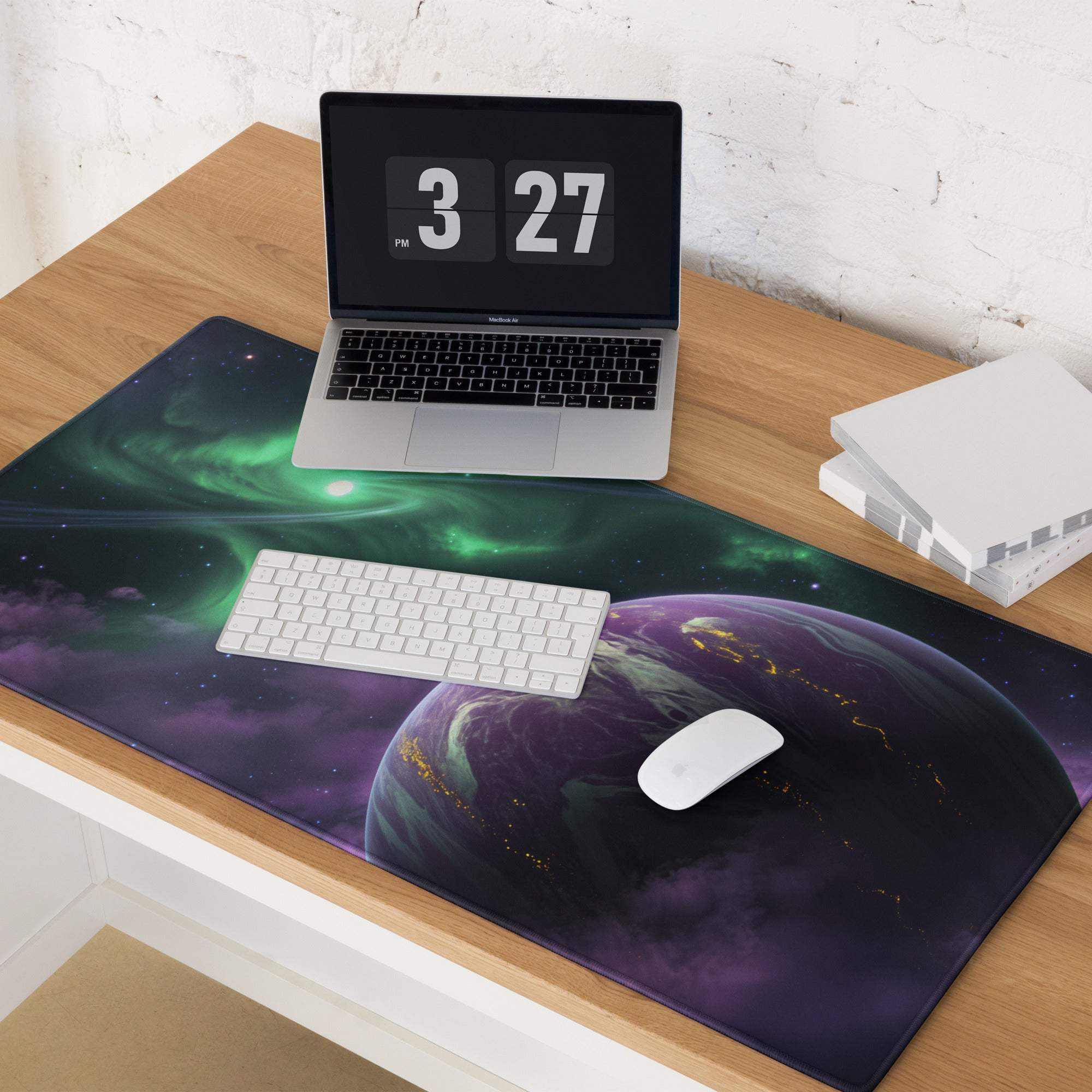 Large cosmic space planet gaming mouse pad with nebula design, non-slip base