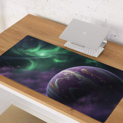 Large cosmic space planet gaming mouse pad with green auroras, starry purple sky, non-slip base, stitched edges