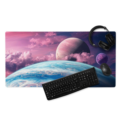 Cosmic gaming mousepad with pink purple nebula, blue earth planet, stars