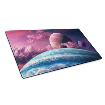 Cosmic space scene gaming mousepad with pink purple nebula planets
