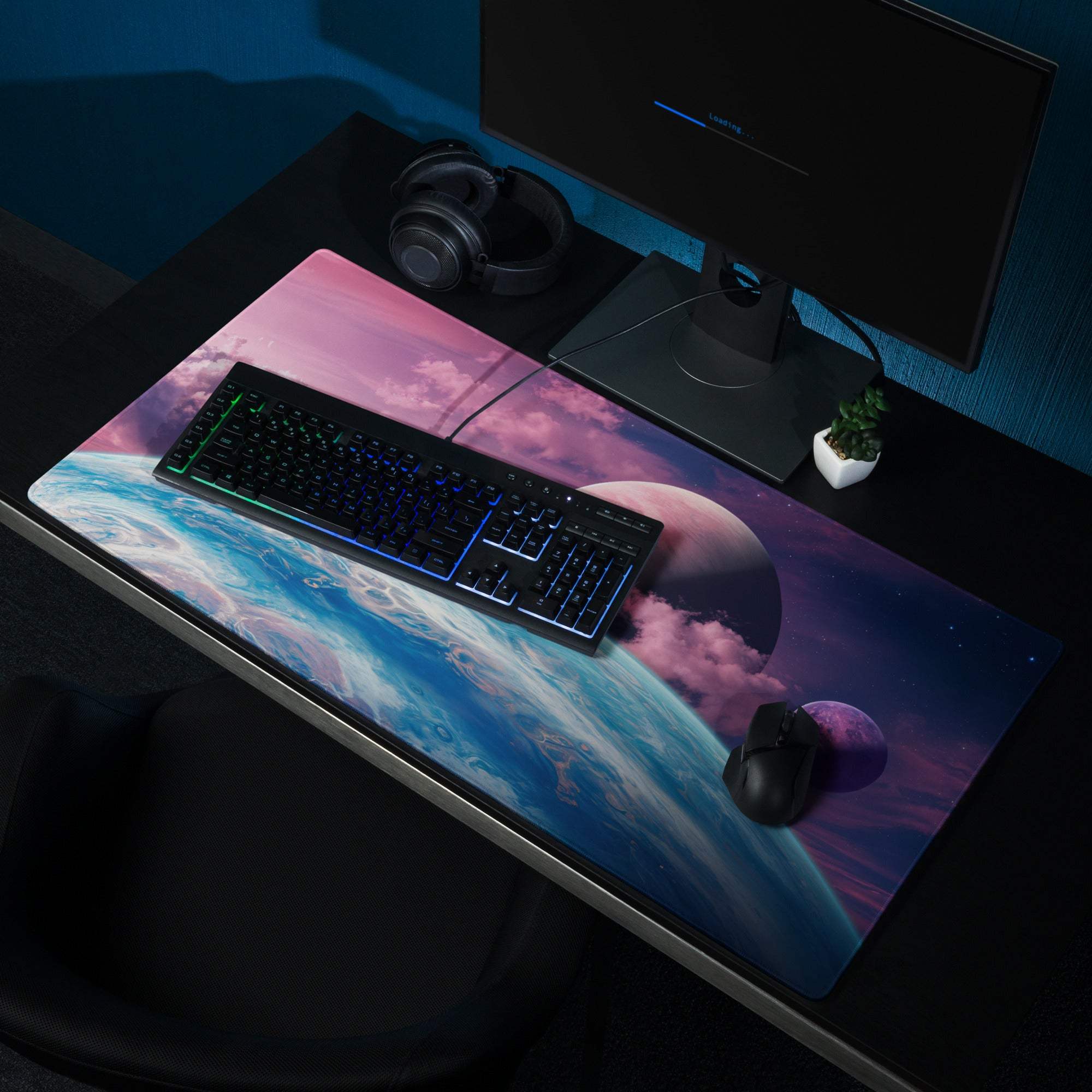 Cosmic gaming mouse pad with vibrant pink blue nebula Earth scene